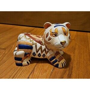 Vintage Artesania Rinconada Style Gold Tiger Ceramic Coin Bank Figurine